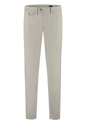 Hellbeige maßgeschneiderte Hose mit vorderen Falten, knopfbesetztem Bund, Seitentaschen und Knöchelabschlüssen.