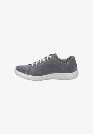Gray suede sneaker with white rubber sole, featuring lace-up closure, stitched accents, and a rounded toe design.