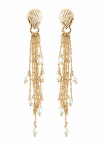 Gold-tone earrings featuring cascading chains with embedded white pearls. Textured, wavy studs accent the design’s elegance.