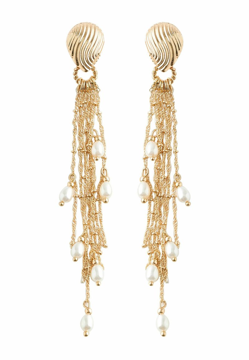 Gold-tone earrings featuring cascading chains with embedded white pearls. Textured, wavy studs accent the design’s elegance.