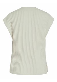 Pull sans manches en maille côtelée couleur crème avec col rond et fentes latérales, vu de dos.