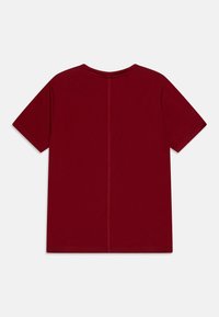 Burgundy short-sleeve t-shirt, made of smooth cotton, features a round neckline and a centered back seam. Simple design with no patterns.