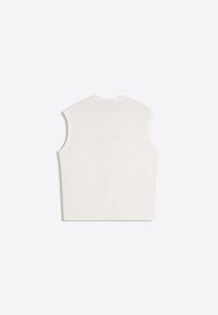 Sleeveless white crewneck top with straight hem, displayed flat against a plain white background from the back.