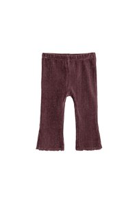 Bordeaux geribde corduroy legging met een uitlopende zoom, voorzien van een elastische tailleband voor comfort en een zachte structuur.