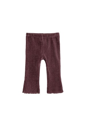 Burgundin väriset ribbikangasta valmistetut legginssit, joissa on levenevä helma, mukavuutta tarjoava joustava vyötärö ja pehmeä tekstuuri.