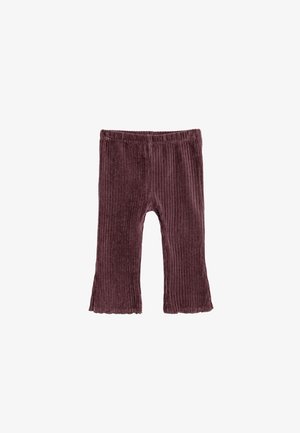 Bordeaux geribde corduroy legging met een uitlopende zoom, voorzien van een elastische tailleband voor comfort en een zachte structuur.
