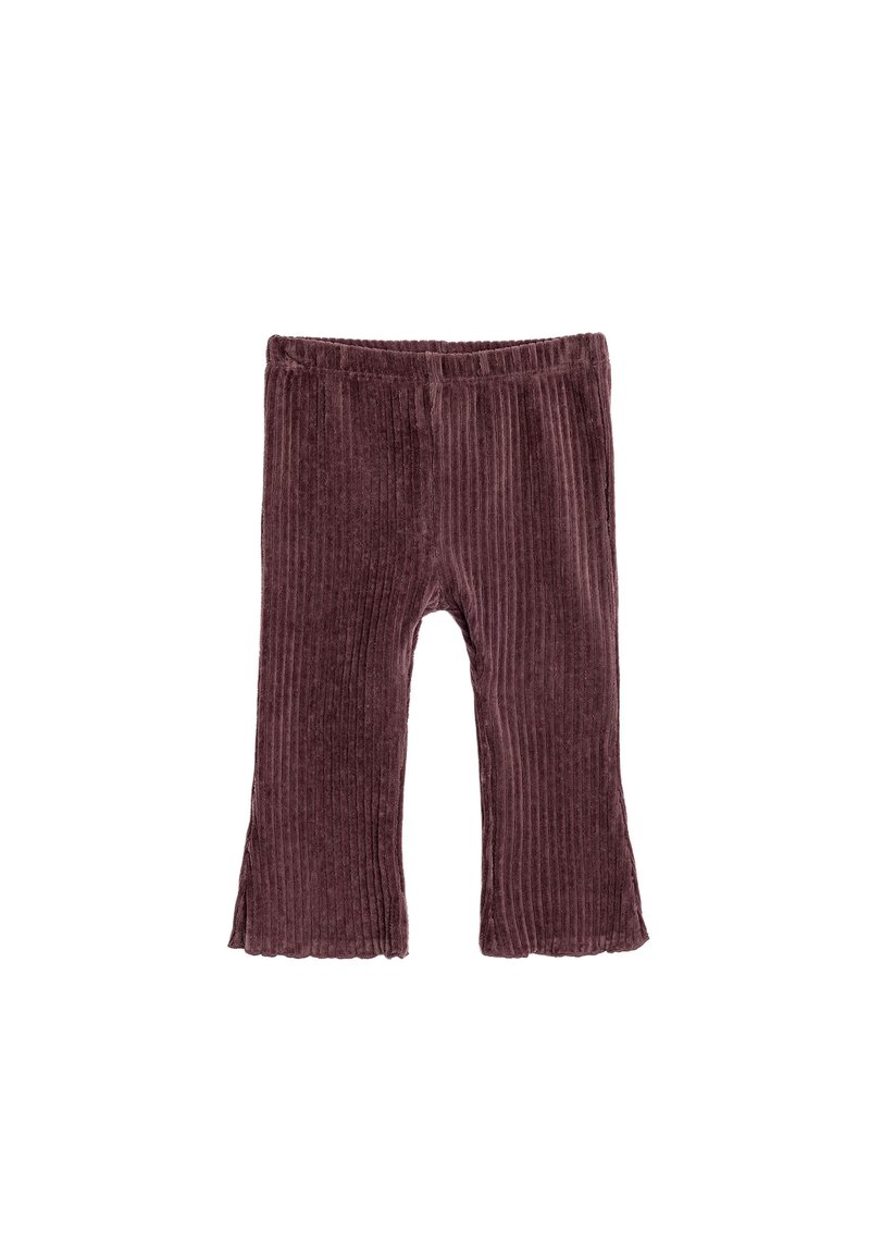 Bordeaux geribde corduroy legging met een uitlopende zoom, voorzien van een elastische tailleband voor comfort en een zachte structuur.