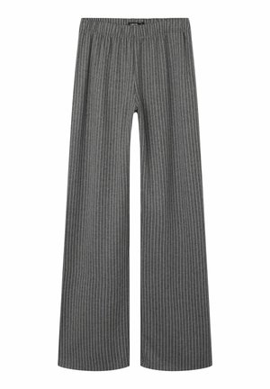 Gray wide-leg trousers with vertical white stripes, elastic waistband, and smooth texture. Simple design with a relaxed fit.