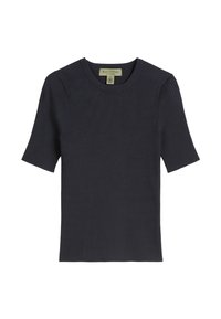 Ribbed knit short-sleeve t-shirt in dark navy with a crew neckline. Fabric texture is smooth and lightweight. Simple, form-fitting design.