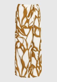 Jupe midi évasée en crème avec un motif abstrait marron. Présente un design croisé et un tissu doux, offrant une texture lisse et un drapé fluide.