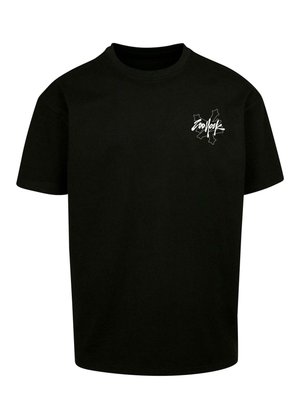 Sort bomulds T-shirt med rund hals og korte ærmer, med et hvidt grafikdesign på venstre bryst.