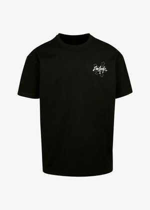 Black cotton t-shirt with a round neck and short sleeves, featuring a white graphic design on the left chest area.