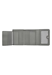 Gray leather wallet featuring multiple card slots, a clear ID window with striped fabric, and detailed stitching throughout. Folded design.