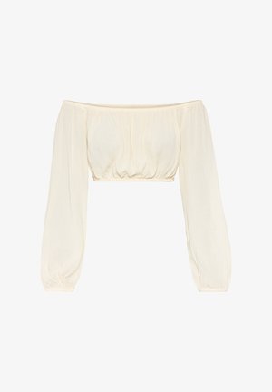 Õlavarre pealt avatud, kreemjas värvitoonis crop top, millel on pikad, voolavad varrukad ja talje juures kogutud kangas, valmistatud kergest ja voolavast materjalist.