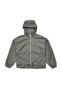 Lightweight hooded jacket in olive green, featuring a full front zipper, elastic cuffs, two front pockets, and adjustable drawstring at the waist.