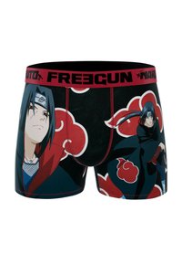 Boxer shorts noirs avec des motifs de nuages rouges et des designs de personnages de Naruto. Taille élastique avec branding "FREEGUN" en rouge.