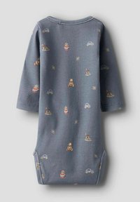 Grijze longsleeve ribbed romper met kleurrijke gedrukte ontwerpen van speelgoed, auto's en een teddybeer. Heeft drukknoopjes aan de onderkant voor gemakkelijke verschoning.