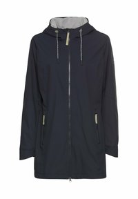 Veste à capuche en bleu marine foncé, dotée d'une fermeture éclair sur toute la longueur à l'avant, de deux poches latérales, de cordons de serrage ajustables et d'une doublure intérieure grise contrastante.