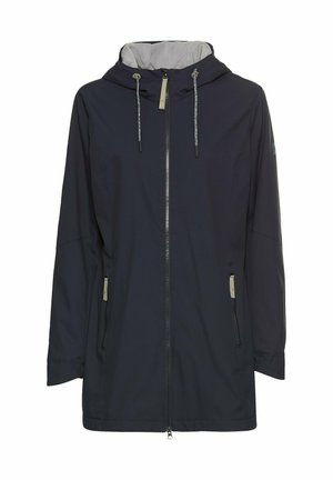 Hooded jack in donker marineblauw, met een volledige rits aan de voorkant, twee zijzakken, verstelbare trekkoorden en een contrasterende grijze binnenvoering.