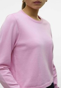 Maglione rosa chiaro con maniche lunghe, scollatura tonda e una consistenza liscia. Presenta dettagli di cucitura sottili lungo le cuciture.