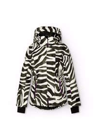 Zebra-mønstret jakke med hætte, med sort og hvid farver, lynlåslommer og lilla detaljer. Fremstillet af letvægtigt, struktureret materiale.