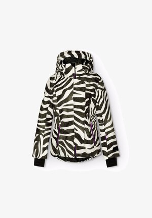 Zebra gemusterte Jacke mit Kapuze, in Schwarz- und Weißtönen, mit Reißverschlusstaschen und lila Akzenten. Hergestellt aus leichtem, strukturiertem Material.