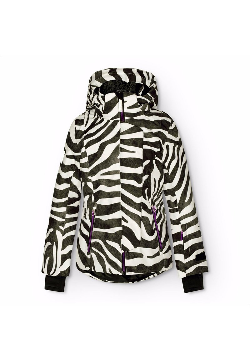 Zebra-mønstret jakke med hætte, med sort og hvid farver, lynlåslommer og lilla detaljer. Fremstillet af letvægtigt, struktureret materiale.