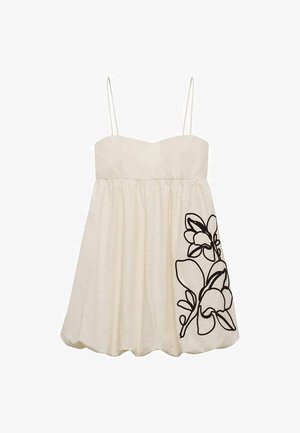 Rochie albă fără mâneci, cu un corset ajustat și fustă evazată, având broderie florală neagră pe partea stângă. Textură de țesătură netedă.