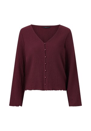 Bordeauxroter, strukturierter Cardigan mit langen Ärmeln, V-Ausschnitt und sieben passenden Knöpfen vorne, mit leicht verkürztem Schnitt.