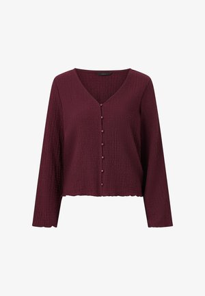 Bordeauxrood cardigan met lange mouwen en textuur, voorzien van een V-hals en zeven bijpassende knopen aan de voorkant, met een licht cropped pasvorm.