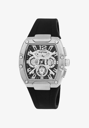 Black silicone strap watch with a rectangular silver stainless steel case, white and black face, large hour markers, and chronograph sub-dials.