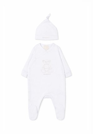 Tutina bianca per neonato con piedini e bottoni automatici, con motivo orsetto e cappellino bianco annodato abbinato con scritta logo.