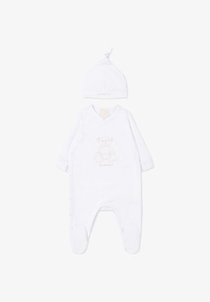 Tutina bianca per neonato con piedini e bottoni automatici, con motivo orsetto e cappellino bianco annodato abbinato con scritta logo.
