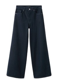 Tummansiniset leveälahkeiset farkut denim-kankaasta, joissa on korkea vyötärö, neljä taskua sekä nappisuljenta ja vetoketjullinen haarakiinnitys.