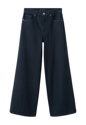 Mørkeblå jeans med vidde i benene i denimstof, med høj talje, fire lommer og lukning med knap og lynlås.