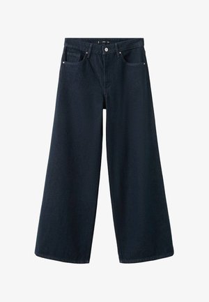 Donkerblauwe jeans met wijde pijpen van denimstof, voorzien van een hoge taille, vier zakken en een knoopsluiting met een ritssluiting.