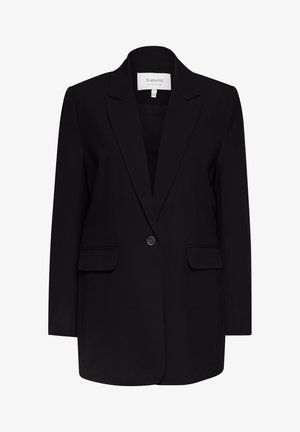 Sacou negru dintr-o țesătură fină, cu închidere printr-un singur nasture, rever crenelat și două buzunare frontale, având o croială structurată.