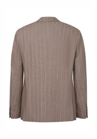 Brauner Blazer mit Nadelstreifen und strukturierter Oberfläche, mit einem Reverskragen und zwei Knopfverschluss. Lange Ärmel und geschlitzter Rücken.