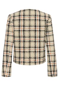 Beige kockás dzseki fekete és narancssárga csíkokkal, hosszú ujjak, és egyenes hátlapi nézet, texturált szőtt anyag.