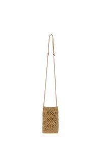 Borsa a tracolla all'uncinetto beige con un motivo a rete testurizzato e una sottile tracolla regolabile. Forma rettangolare, leggera e flessibile.