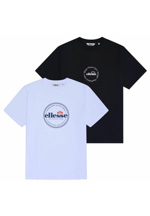Zwei Kurzarm-T-Shirts, eines weiß mit großem marineblauem Logo, das andere schwarz mit kleinem weißem runden Logo, beide mit der Marke "ellesse".
