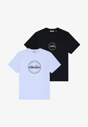 Dos camisetas de manga corta, una blanca con un gran logo azul marino y otra negra con un pequeño logo circular blanco, ambas con la marca "ellesse".