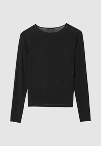 Schwarzes Langarmshirt mit einem strukturierten Muster aus kleinen Löchern, rundem Ausschnitt und glattem Stoff. Verfügt über eine lockere Passform und keine sichtbaren Nähte.