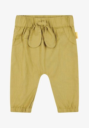 Khaki bavlněné kalhoty s elastickým pasem a předním vázáním. Obsahují dvě boční kapsy a elastické manžety na kotnících. Hladká textura.