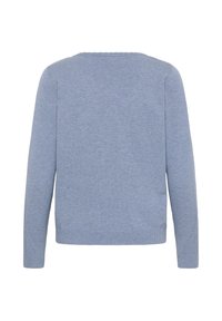 Pull tricoté bleu clair à manches longues avec col rond vu de dos sur fond blanc.