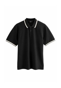 Sort polo shirt lavet af bomuld, med en tofarvet krave med hvide og creme striber, korte ærmer og et diskret logo på brystet.