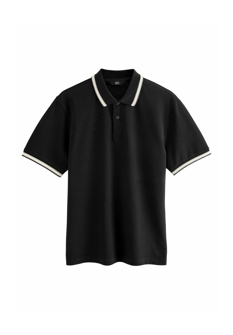 Sort polo shirt lavet af bomuld, med en tofarvet krave med hvide og creme striber, korte ærmer og et diskret logo på brystet.