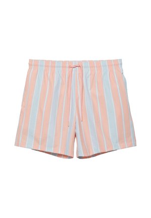 Męskie kąpielówki z pionowymi różowo-białymi paskami, elastycznym pasem oraz różowym sznurkiem do wiązania z przodu.