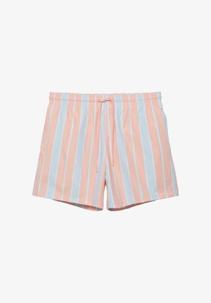 Pánske plavkové šortky s vertikálnymi ružovými a bielymi pruhmi, elastickým pásom a ružovou sťahovacou šnúrkou vpredu.