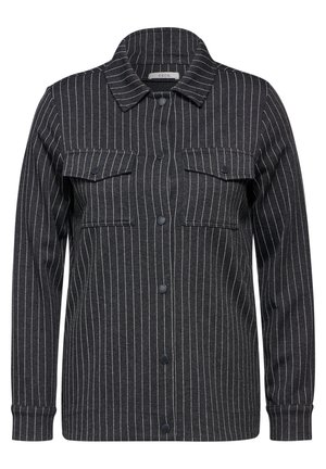 Donkergrijze, knoopsluiting shirtjacket met witte verticale strepen, lange mouwen, twee borstzakken en een kraag. Gemaakt van een gestructureerde stof.